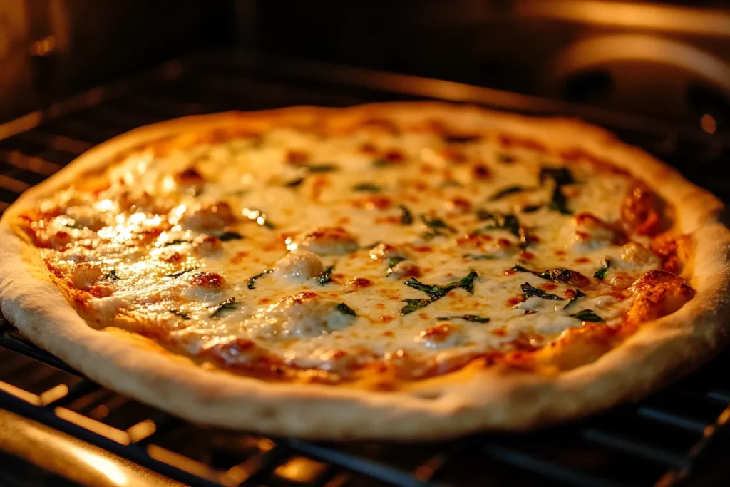 Brazilian pizza baking in a hot oven