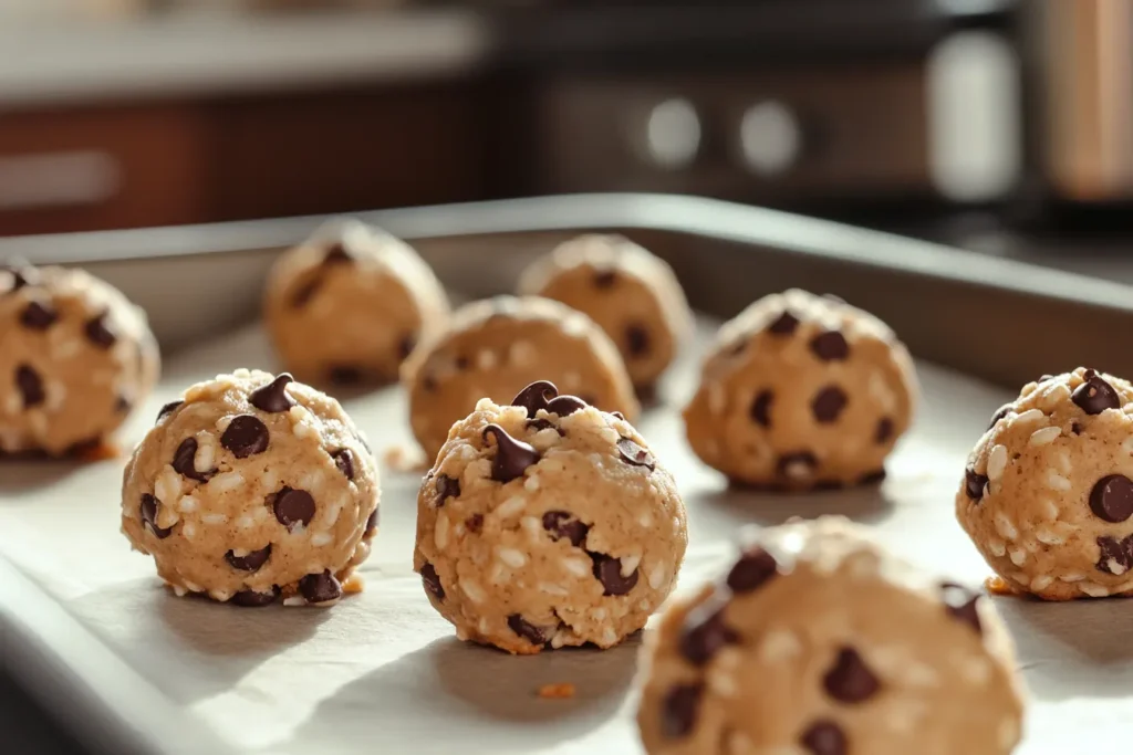“Cookie dough balls on a baking sheet lined with parchment”