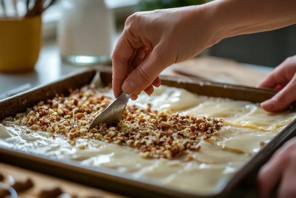 Step-by-step baklava preparation with phyllo dough and nut filling
