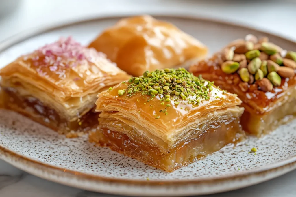 Various international baklava styles with different nuts and syrups