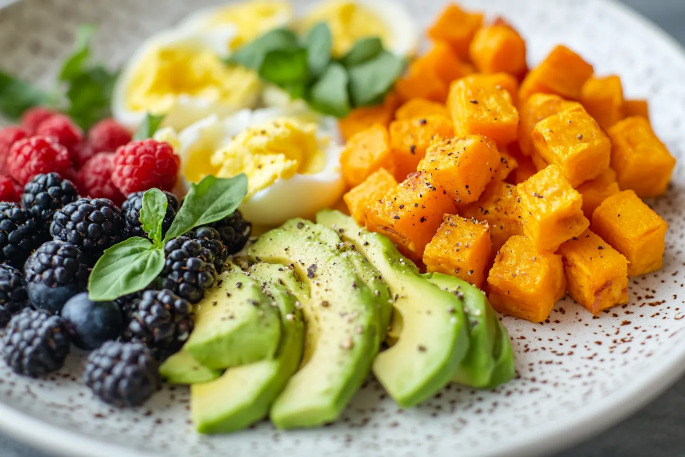 Balanced breakfast plate following 30/30/40 macronutrient rule