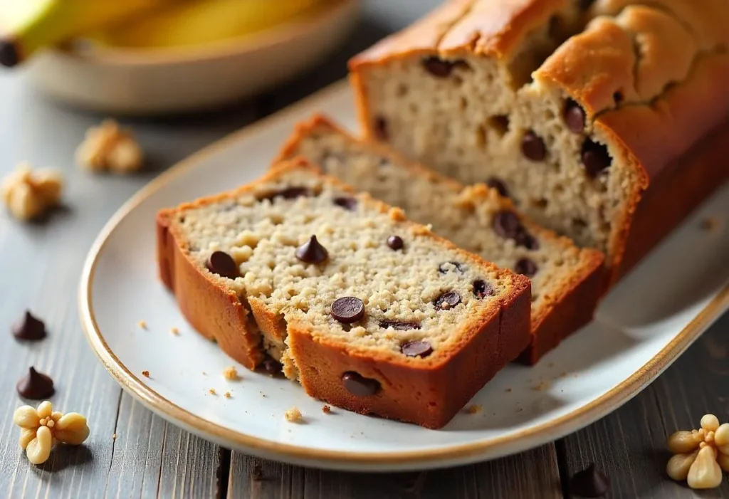 Chocolate chip banana bread slice and nuts on a plate