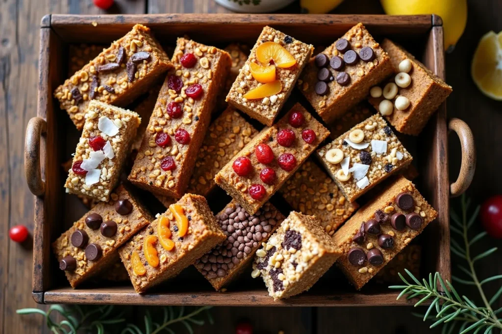 Assorted banana oat bars with chocolate, nuts, and dried fruits