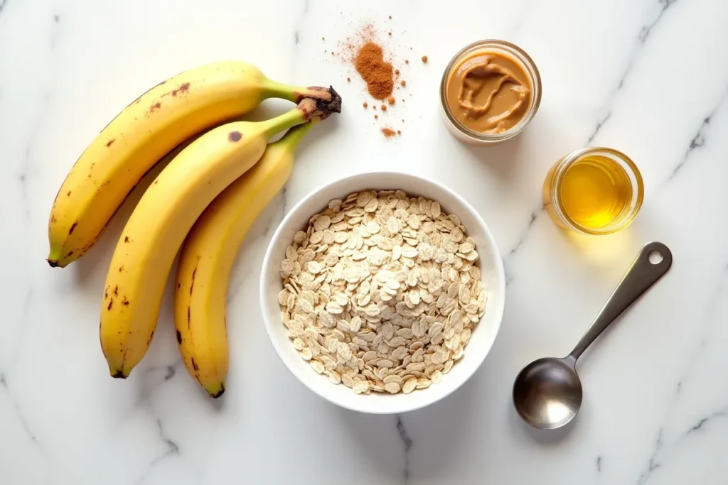 Core ingredients for banana oat bars laid out on a kitchen counter