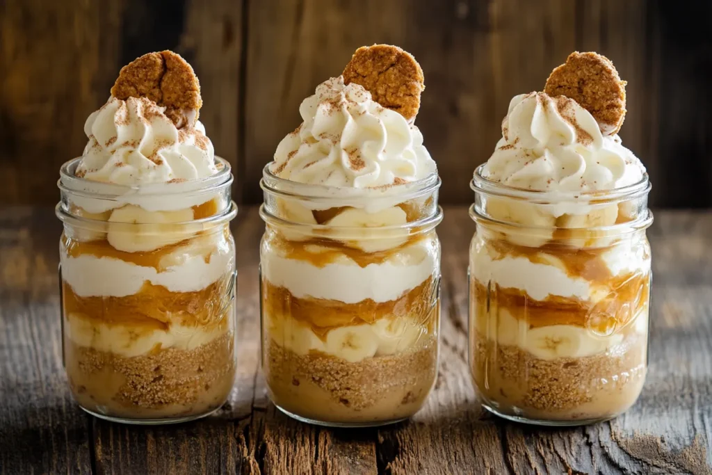 Dessert served in individual mason jars with whipped cream