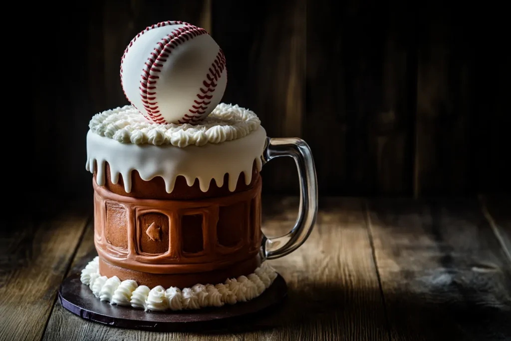 Sophisticated baseball cake with beer mug tier