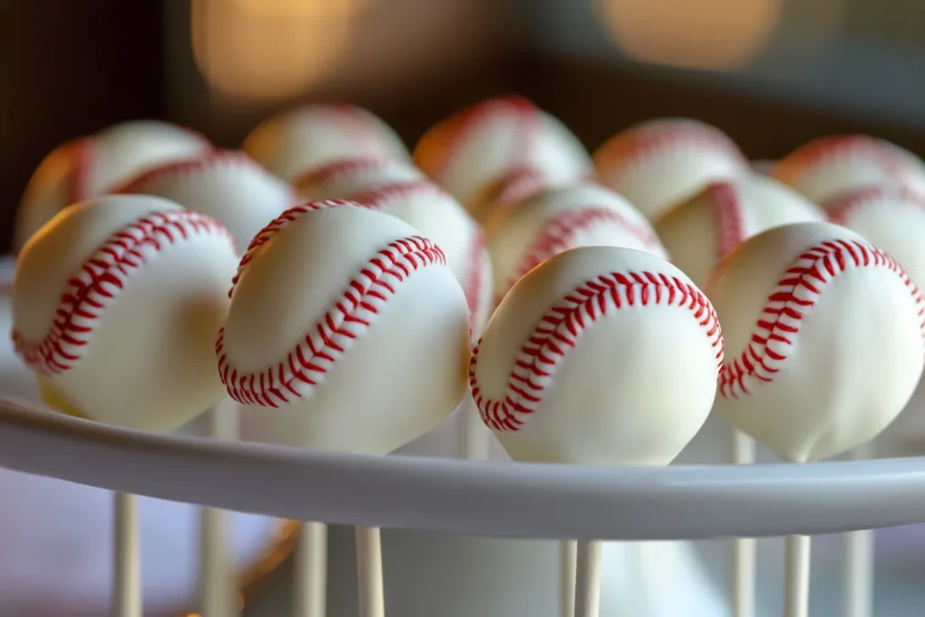 Display of baseball cake pops on a white platter