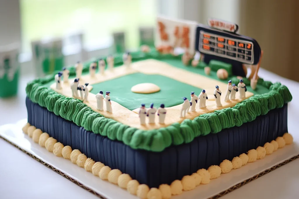 Baseball field sheet cake decorated with bases and green icing
