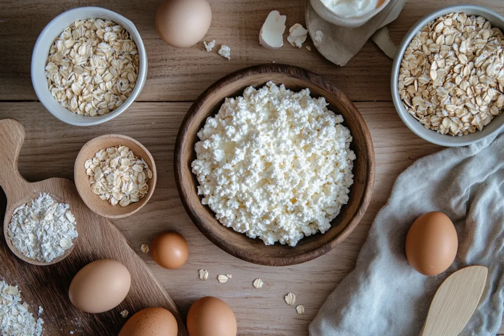 Cottage cheese, oats, and eggs laid out for bread-making