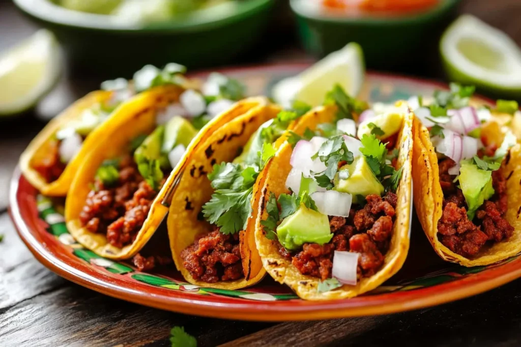 Beef chorizo tacos with toppings