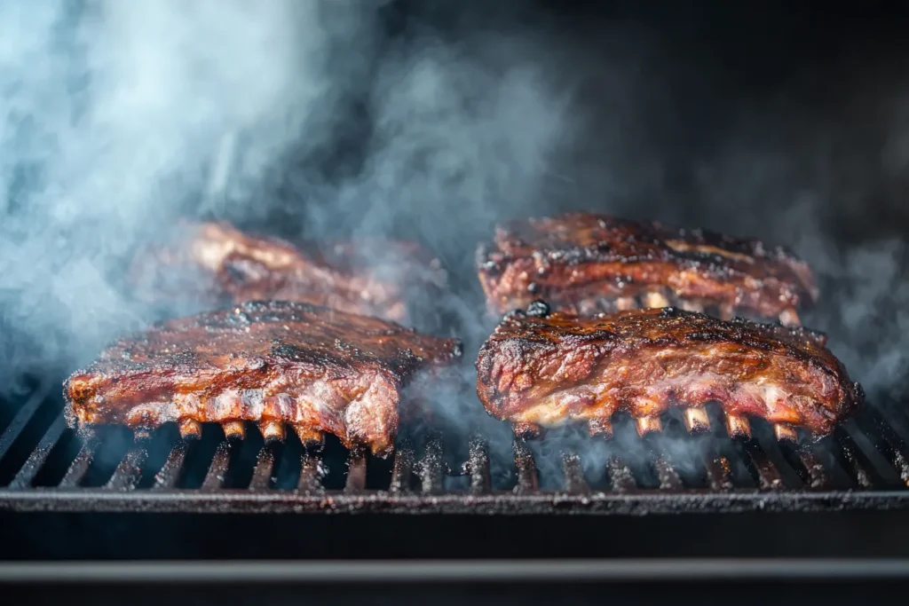 Smoking beef plate ribs on a wood smoker