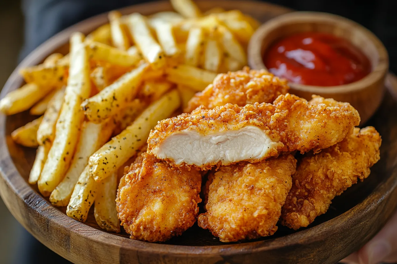 Golden crispy chicken tenders with seasoned fries