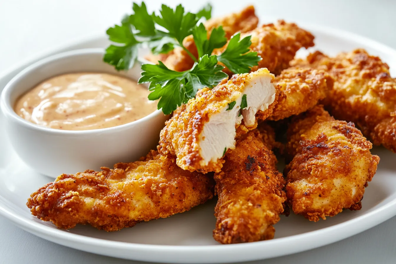 Crispy baked chicken tenders on a plate