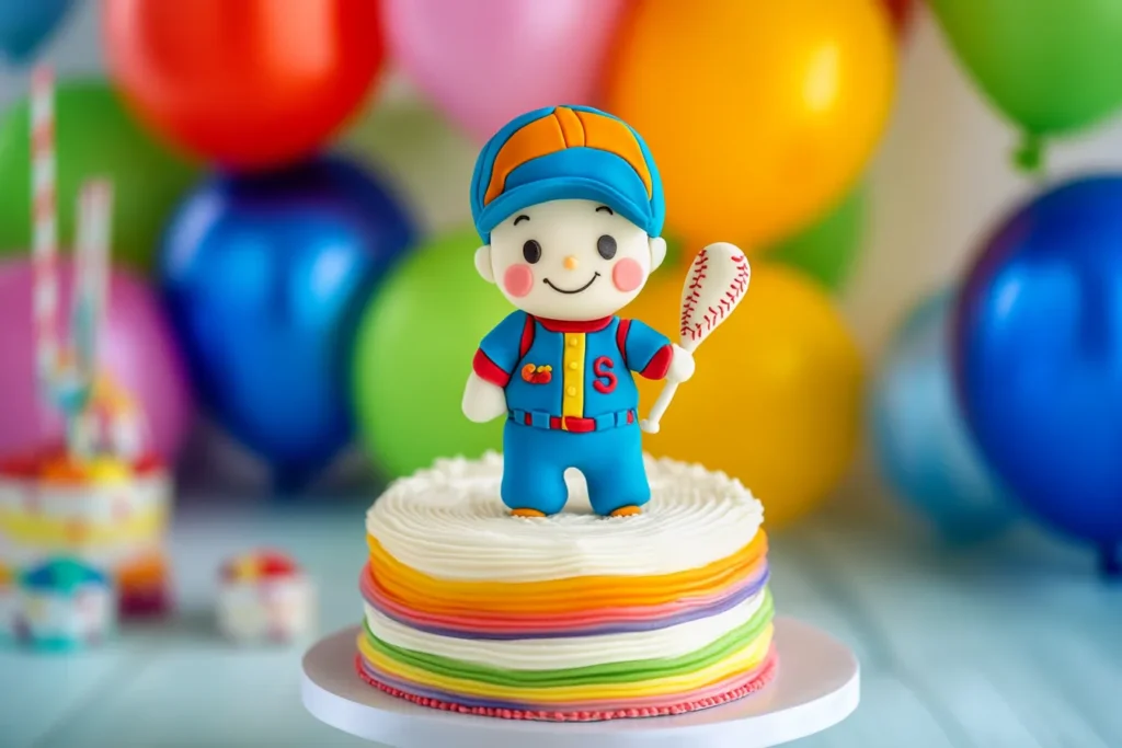 Kid-friendly baseball birthday cake with colorful decorations