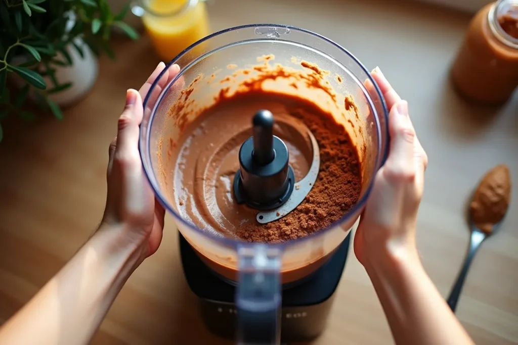 Blending cottage cheese with cocoa and protein in a food processor