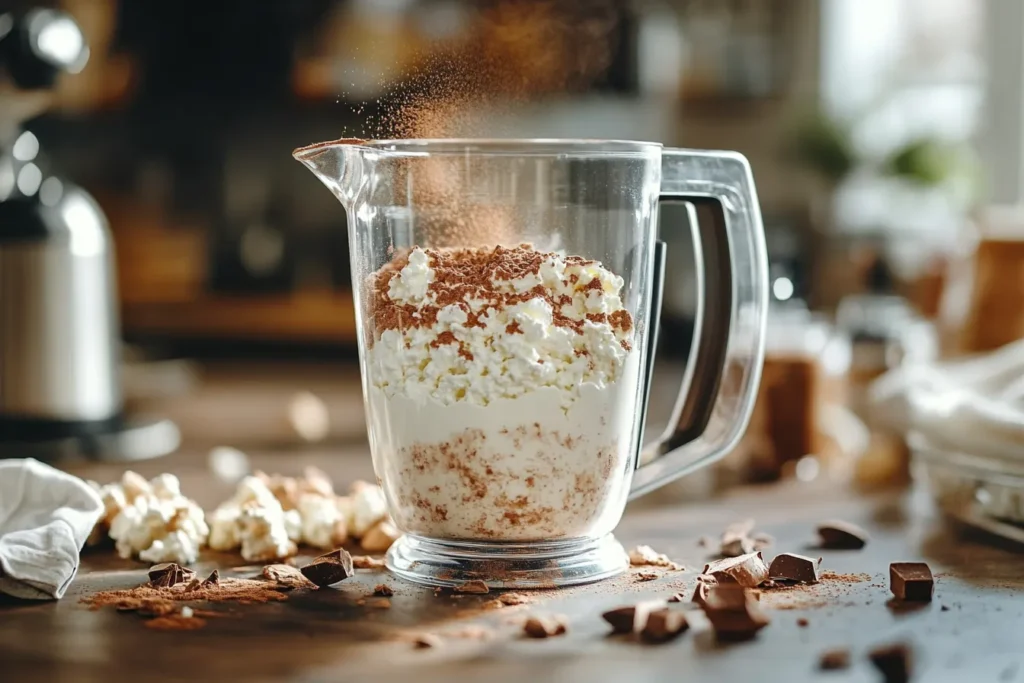 Blending cottage cheese and cocoa in a blender