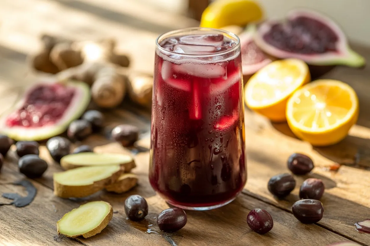 Vibrant Brazilian Mounjaro drink surrounded by fresh ingredients