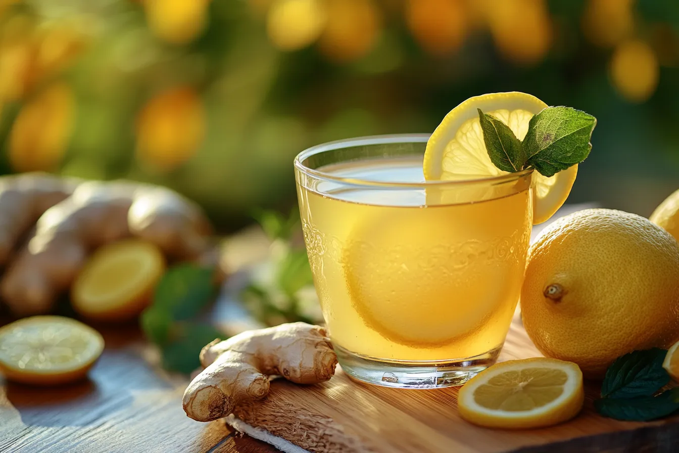 Vibrant detox drink in clear glass with lemon and ginger