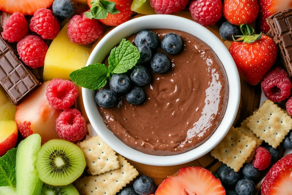 Brownie batter dip with strawberries and graham crackers