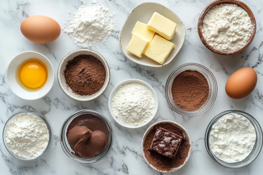 Brownie ingredients laid out on a kitchen counter