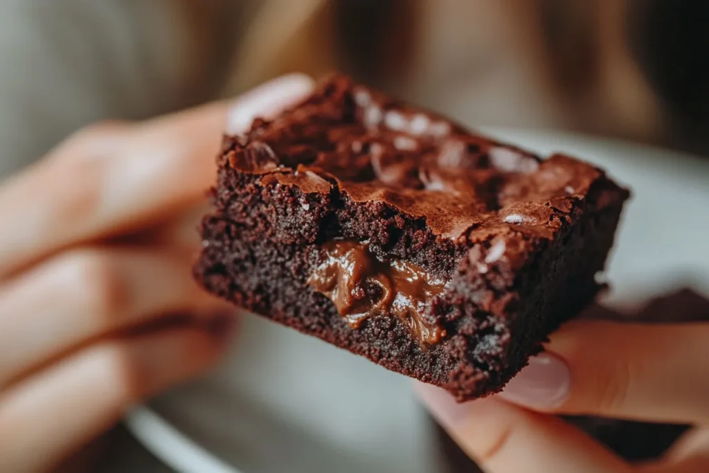 Person biting into a moist avocado oil brownie