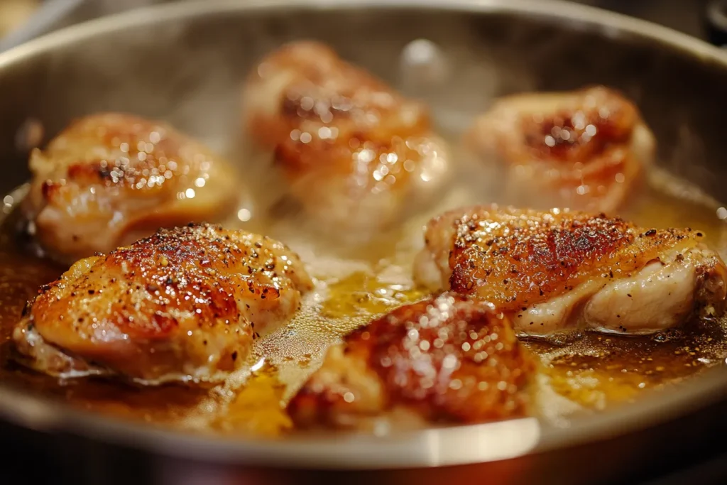 Chicken being browned in a pan