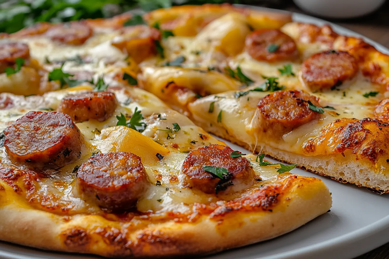 Brazilian pizza slice with melted Catupiry and Calabresa