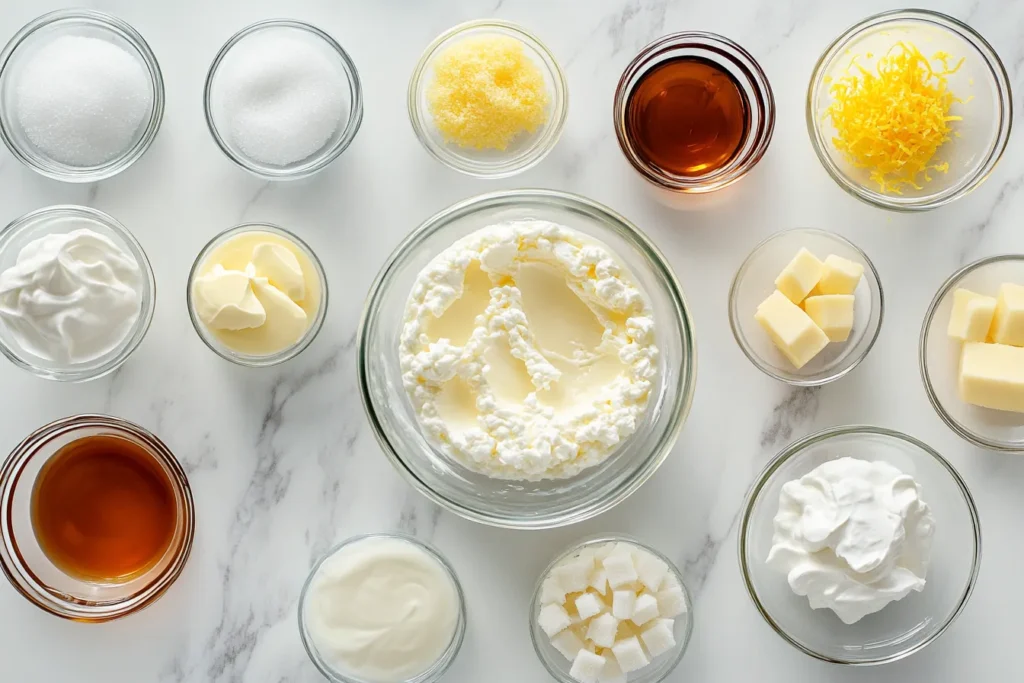 Ingredients laid out for making cheesecake fondue