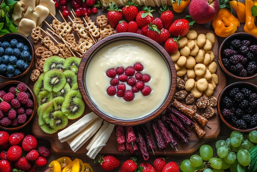 Cheesecake fondue party board with dippers