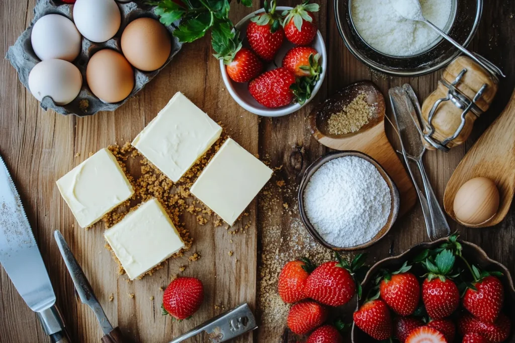 “Strawberry crunch cheesecake ingredients displayed on a kitchen counter”