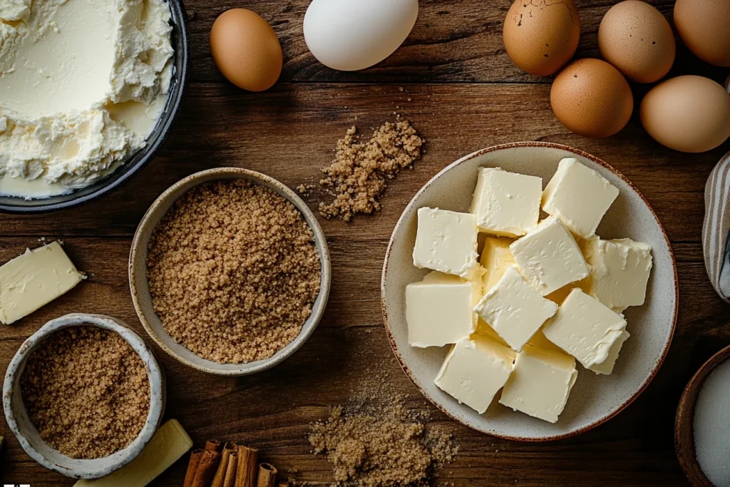 Cheesecake ingredients on a rustic kitchen counter