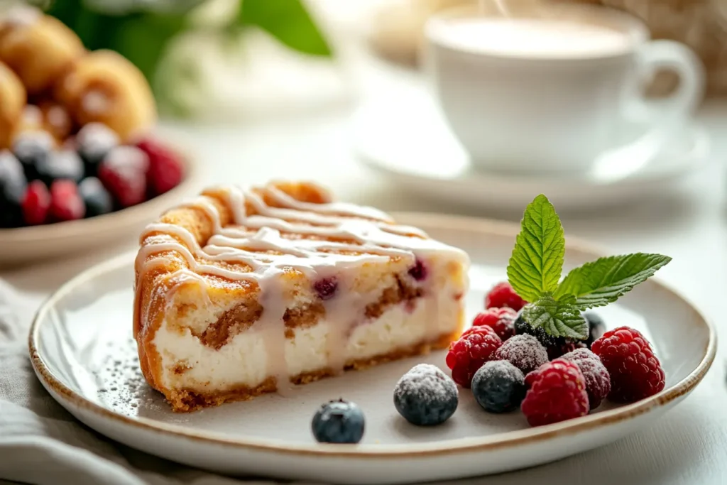 Cinnamon roll honeybun cheesecake served with coffee
