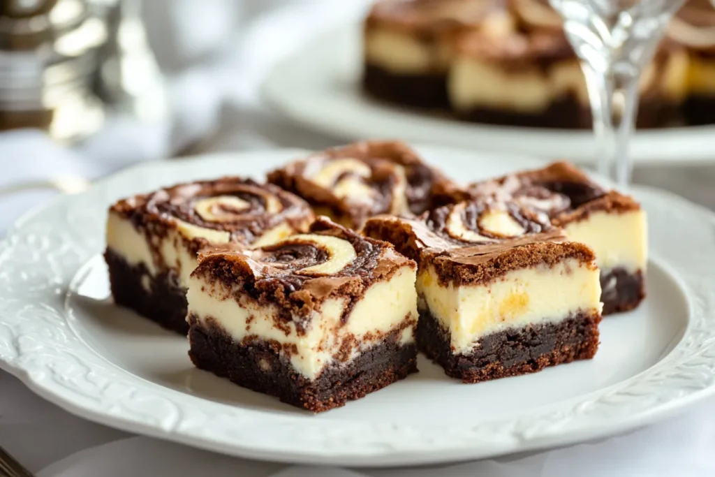 Brownie cheesecake swirl slices on a white plate
