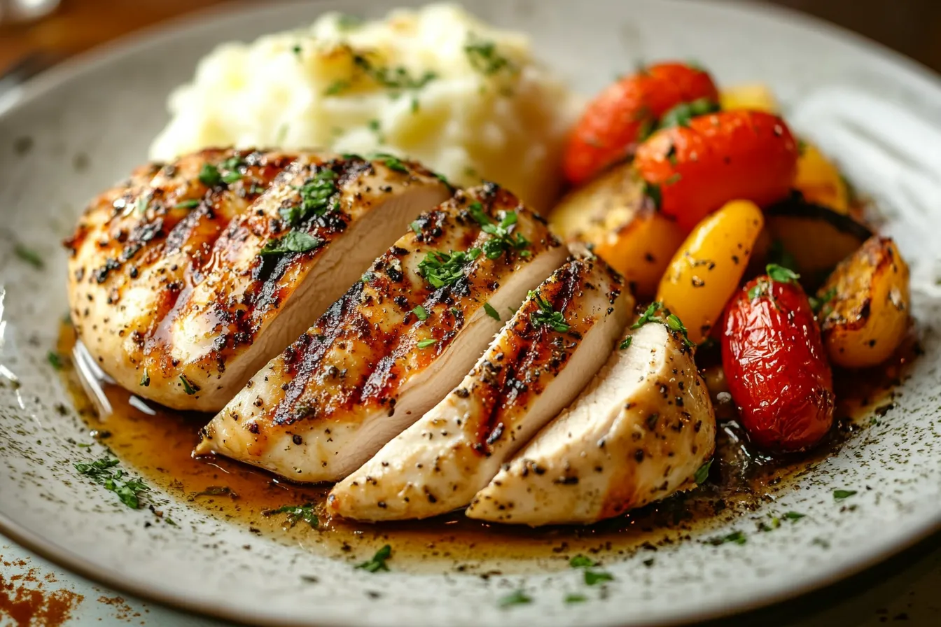 Grilled chicken breast plated with colorful side dishes