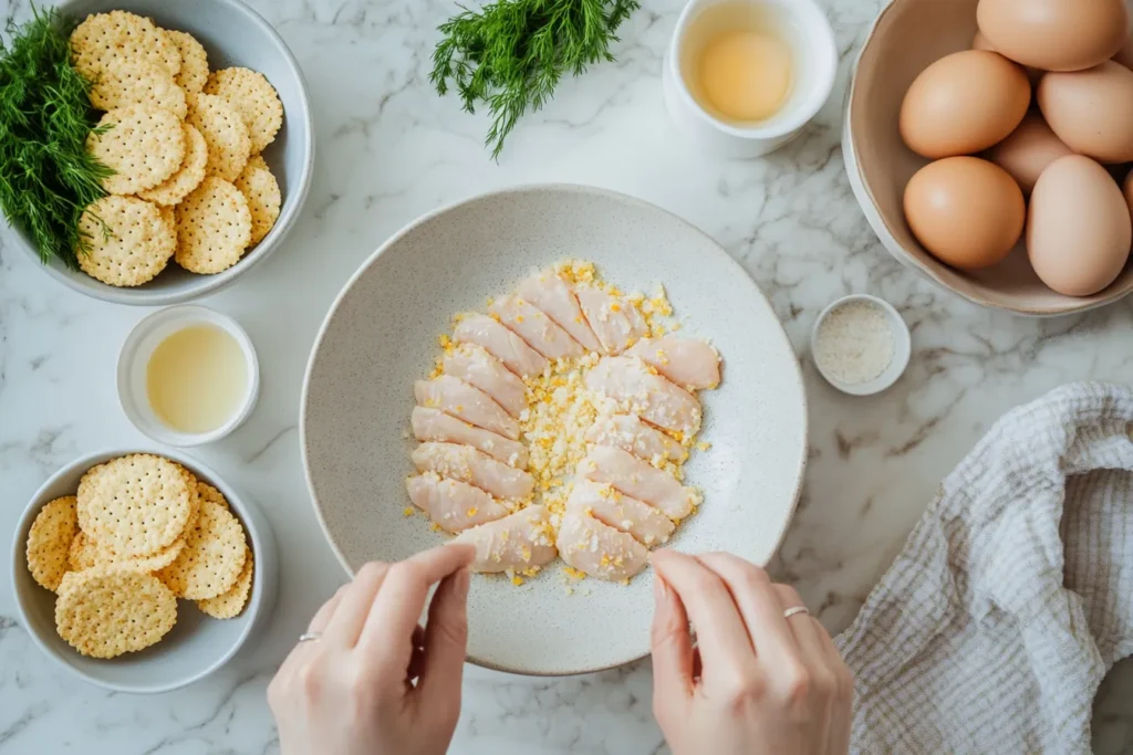 Coating chicken in crushed cheese crackers