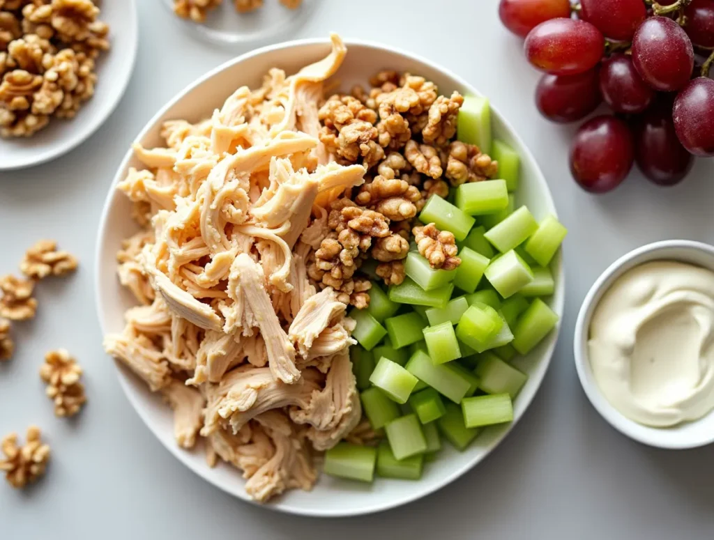 Ingredients for chicken salad sandwich with grapes laid out on a kitchen counter