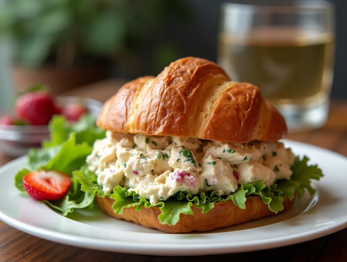 Chicken salad sandwich on a croissant with side salad and fruit