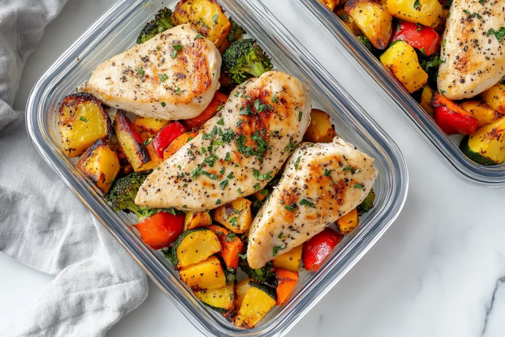 meal prep containers with chicken
