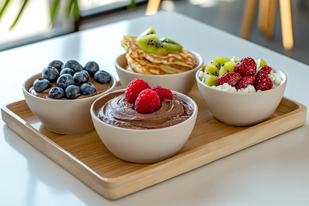 various chocolate cottage cheese desserts in bowls