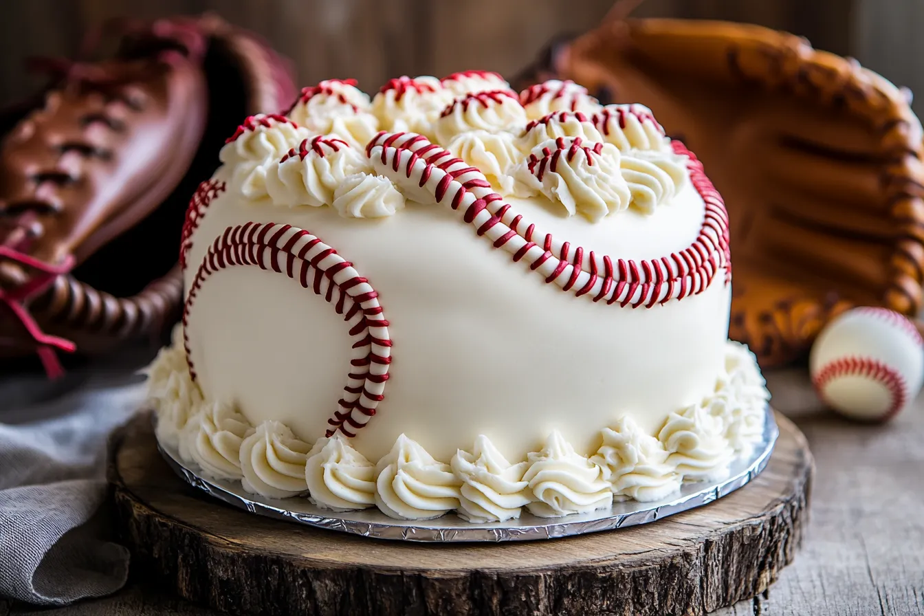 Baseball-themed cake with red icing stitches
