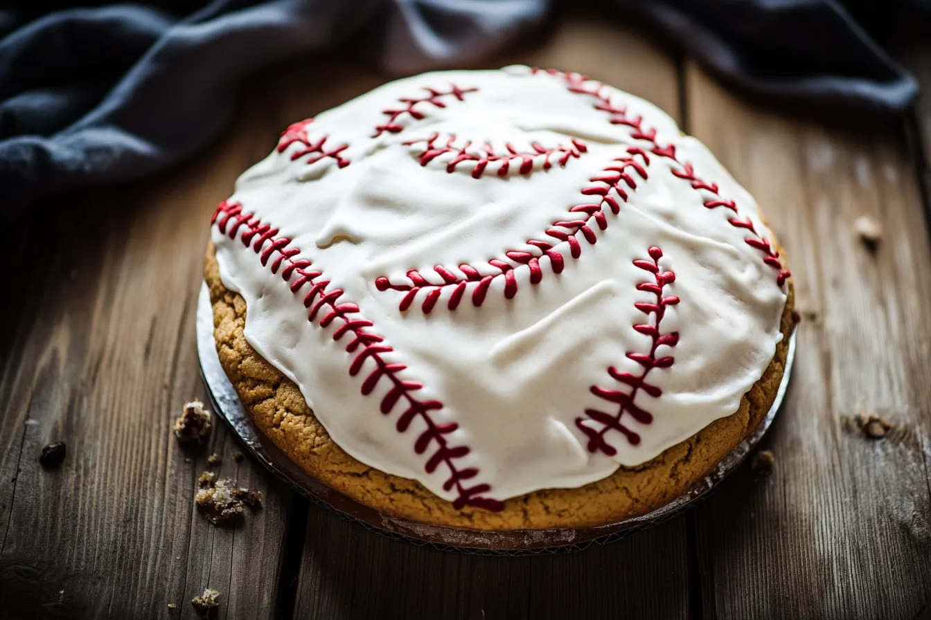 Baseball cookie cake decorated with red stitches