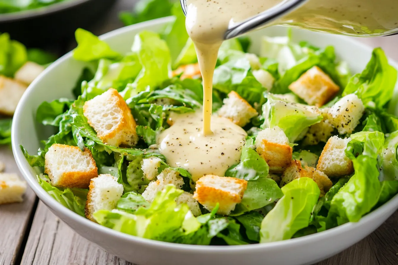 Traditional Caesar salad with dressing drizzled on top