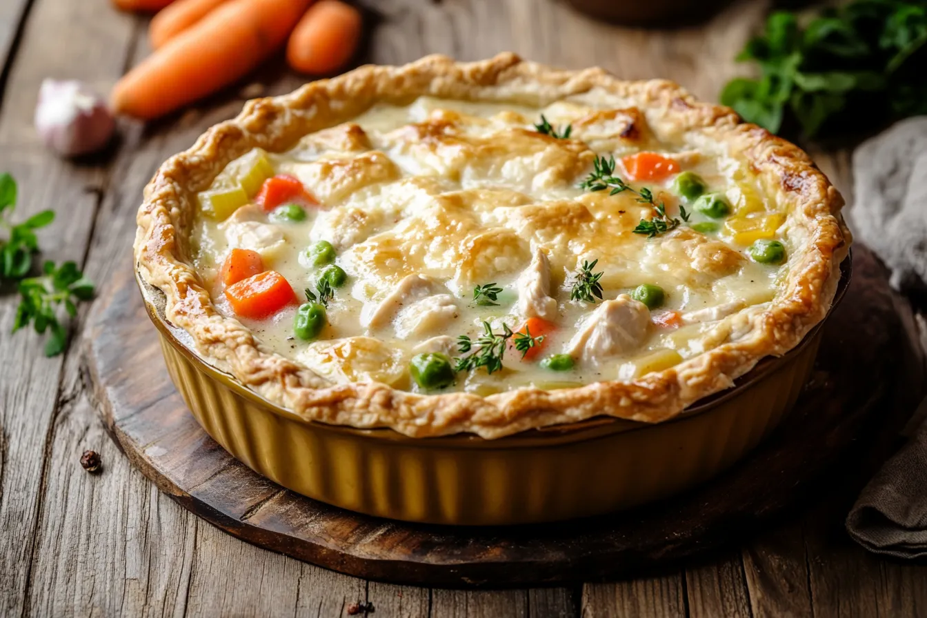 Golden, creamy chicken pot pie served in a rustic dish