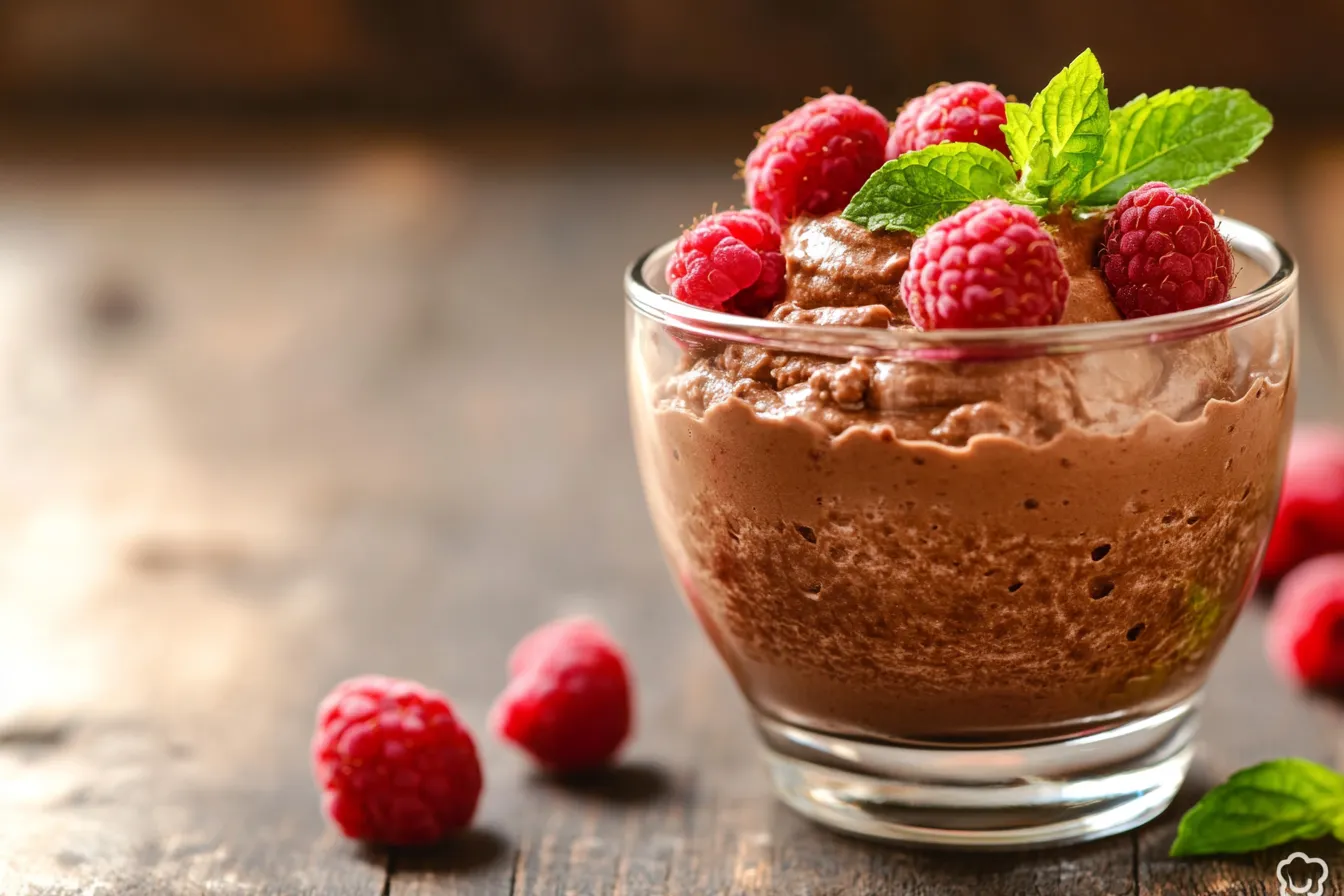 “Rich chocolate mousse in a glass topped with berries”