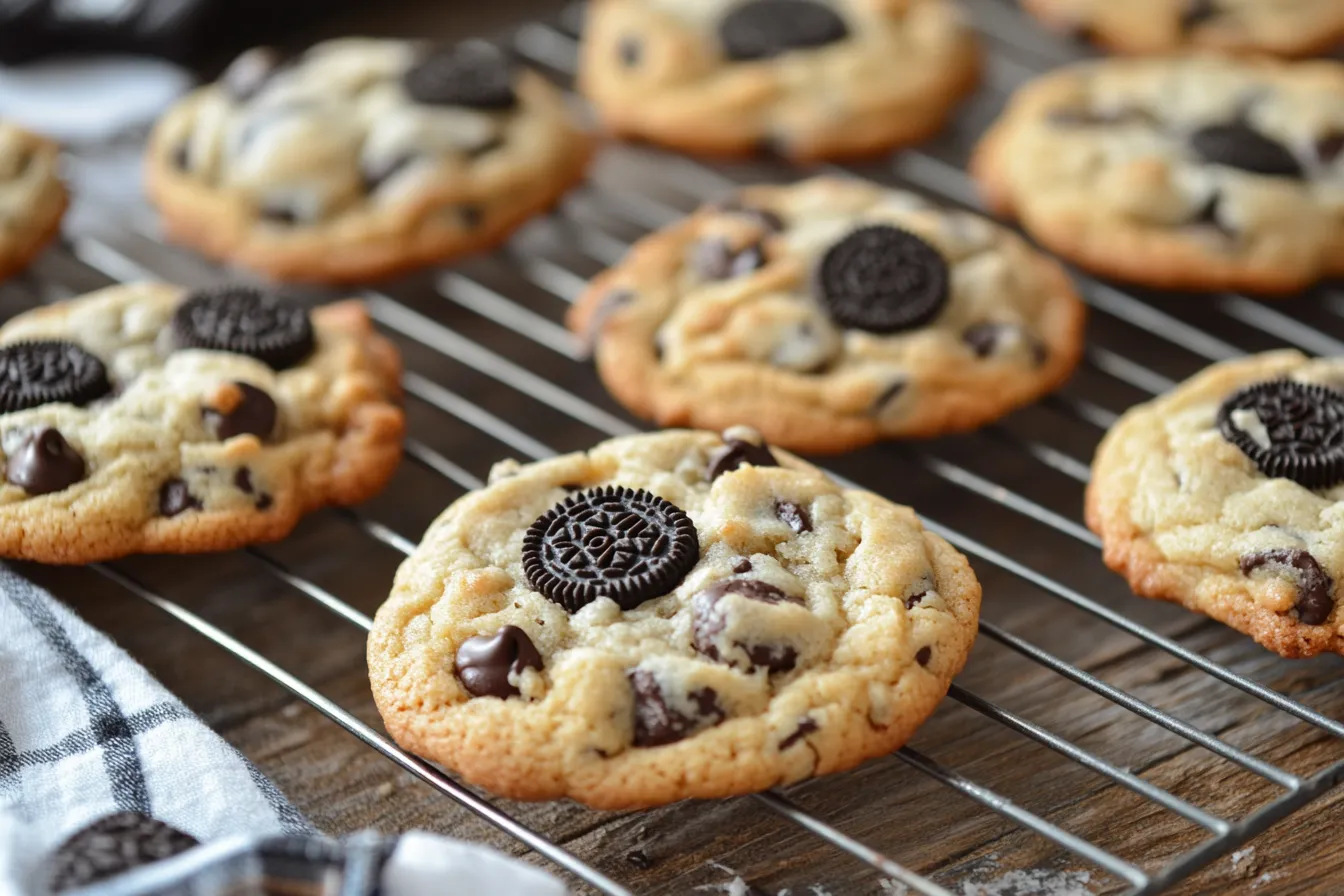 A batch of freshly baked Oreo chocolate chip cookies on a cooling rack