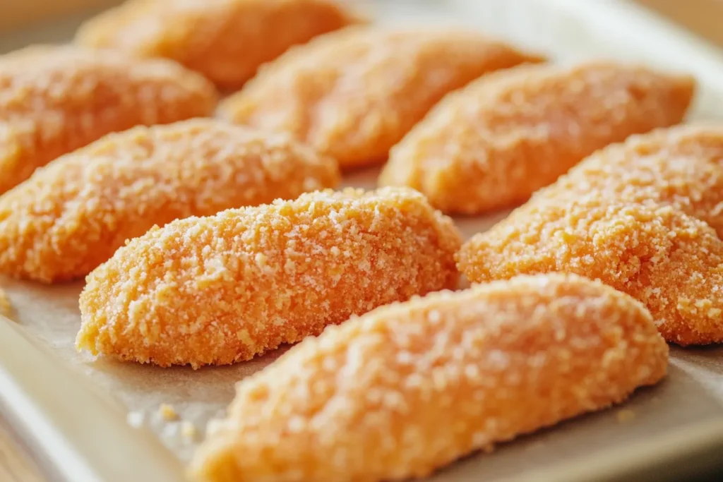 Breaded chicken tenders before frying