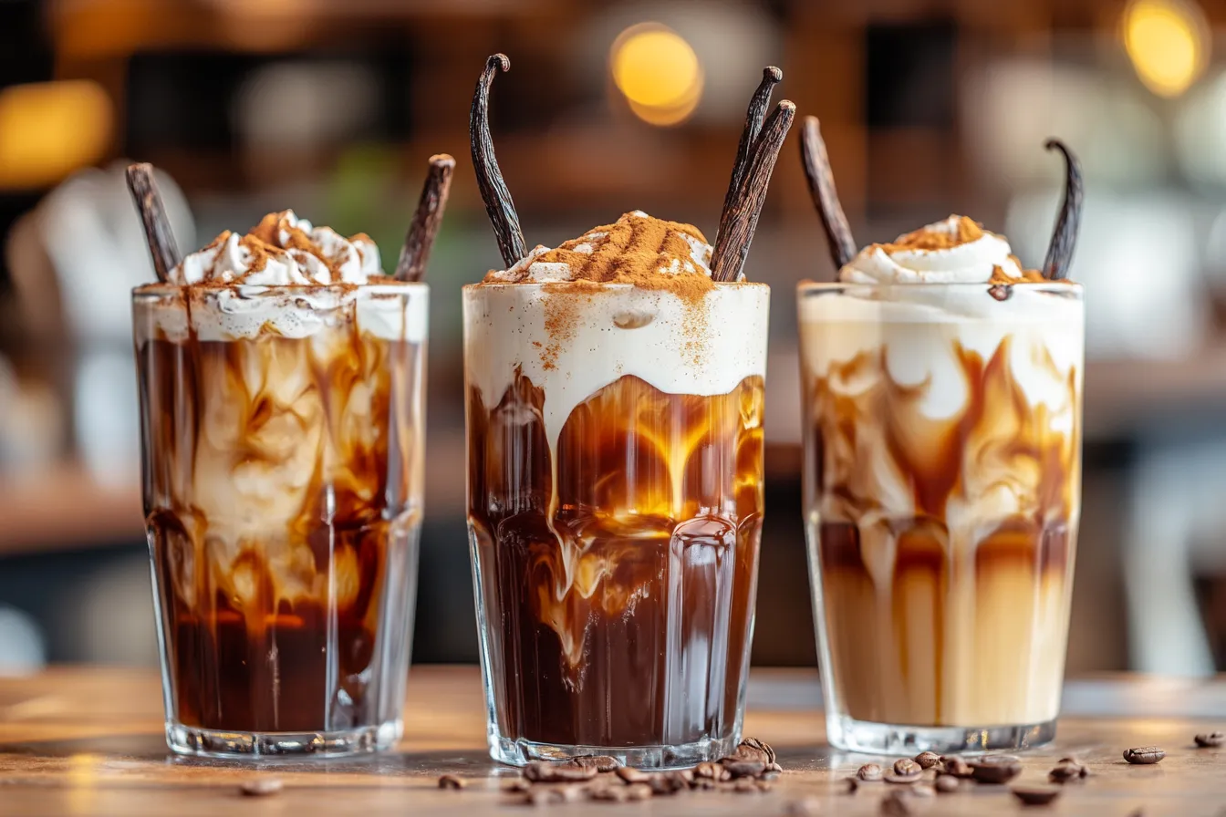 Three flavored cold brews—vanilla, mocha, and cinnamon—in glass jars