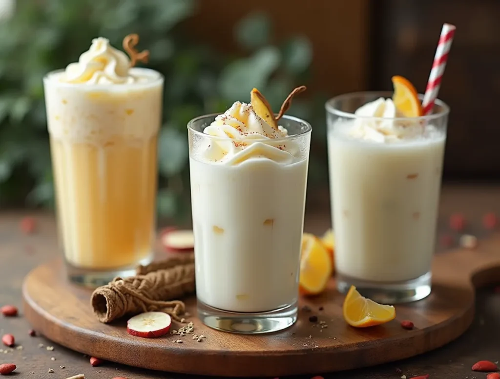 Selection of cold yogurt drinks on a table