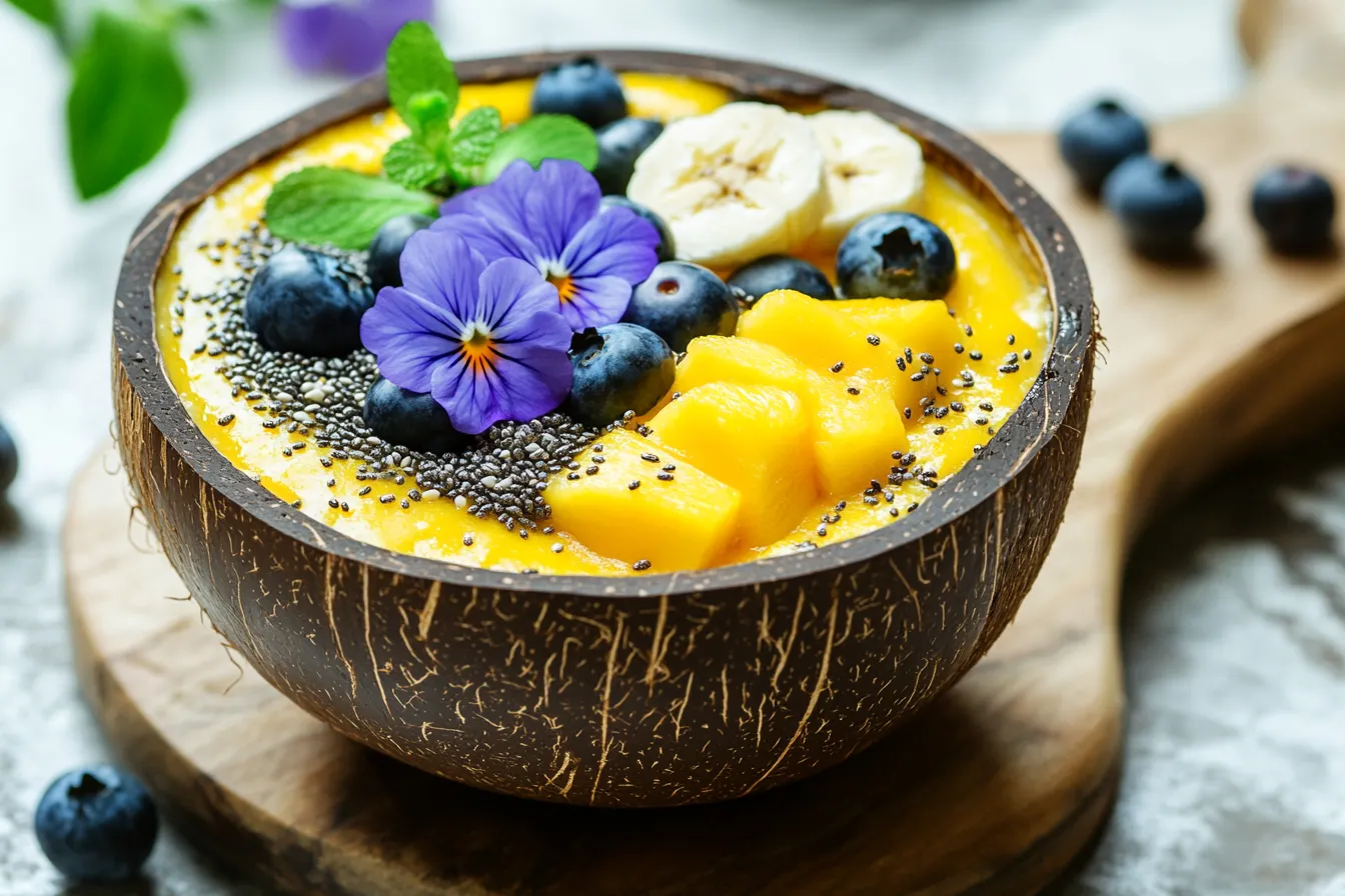 Vibrant mango smoothie bowl with fruits and seeds