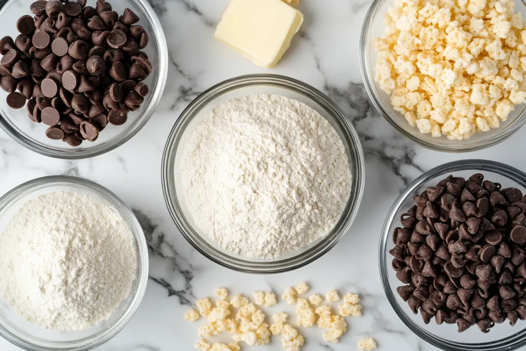 Flat lay of cookie ingredients including rice crispy cereal and chocolate chips
